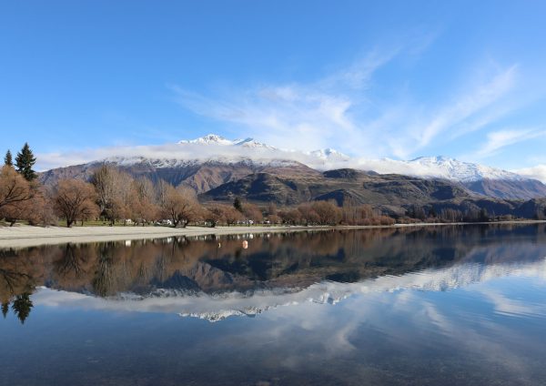 snowy mountains reflected in a lake with trees