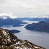 lake, tussock, mountains and snow