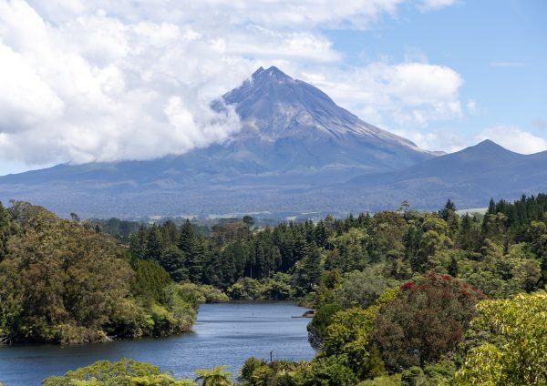 mt taranaki at the ned of a lake surrounded my lush ferns and trees.